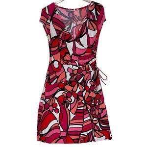 Evan-Picone Dress Abstract Floral Stretch Dress Multicolor Pink Red White Black